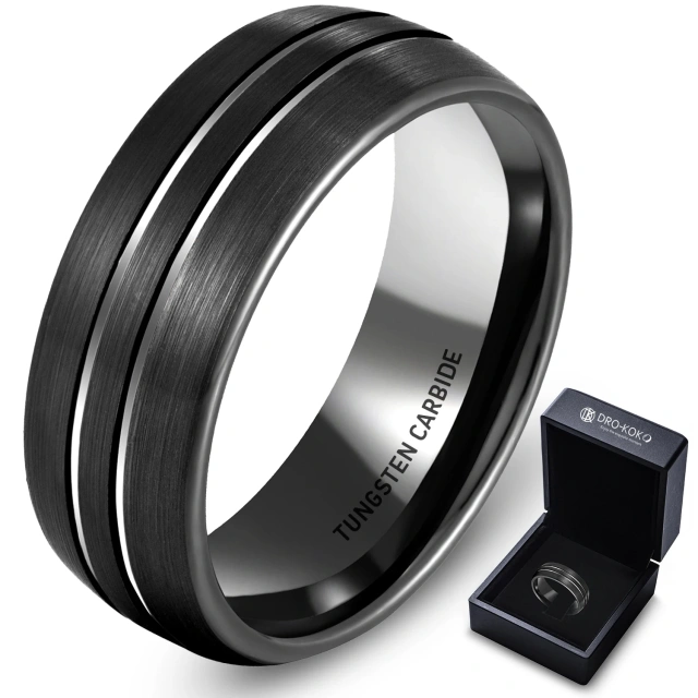 8MM New Mens IP Black Plated Tungsten Ring with Step Edge Center Brushed Man Boys Rings