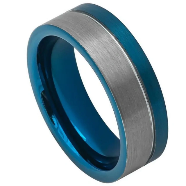 Ouyuan Jewelry Men's Blue Tungsten Carbide Cross Ring Wholesale Classic Groove Plated for Wedding & Engagement