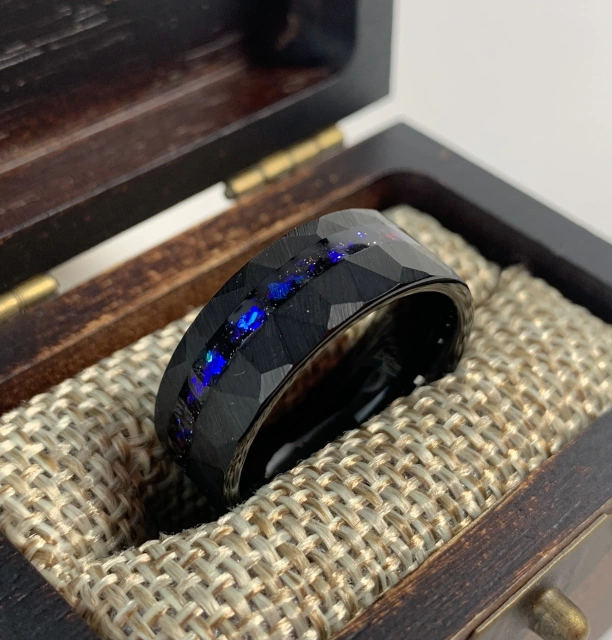 8mm Hammered Matte Black Tungsten Meteorite Galaxy Opal Gemstone Mens Unite Wedding Band