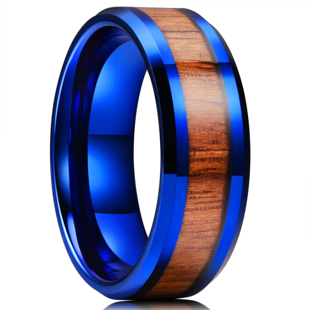 Wholesale Custom Fashion Rings 8mm Beveled Polished Mexican Acacia Wood Inlay Blue Tungsten Rings for Men Wedding Band