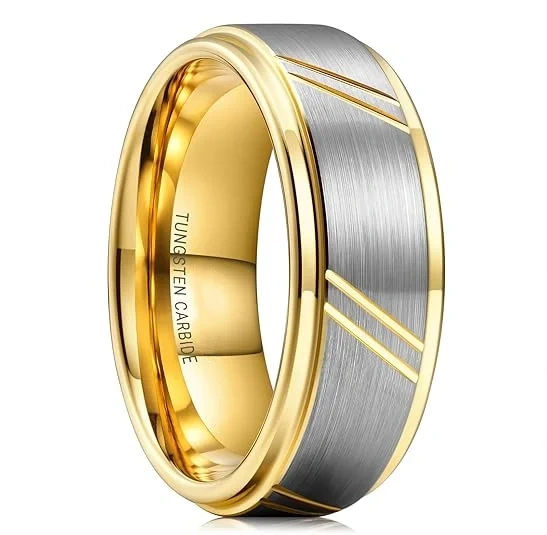 Wholesale Price Classic Fashion Rings Stepped Edge Brushed Tungsten Ring Tungsten Wedding Ring 18K Gold Jewelry for Women Men