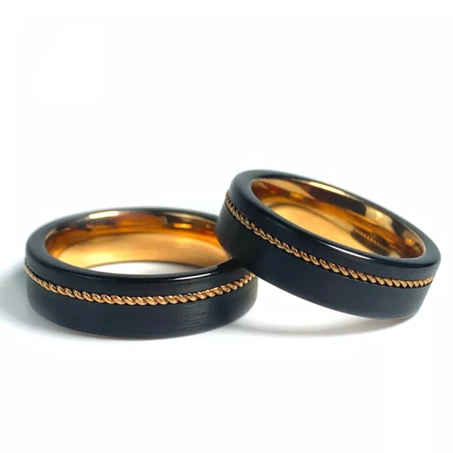 Luxury Mens Fashion 8mm Brushed Rose Gold Black Tungsten Carbide Ring With Guitar String Inlay