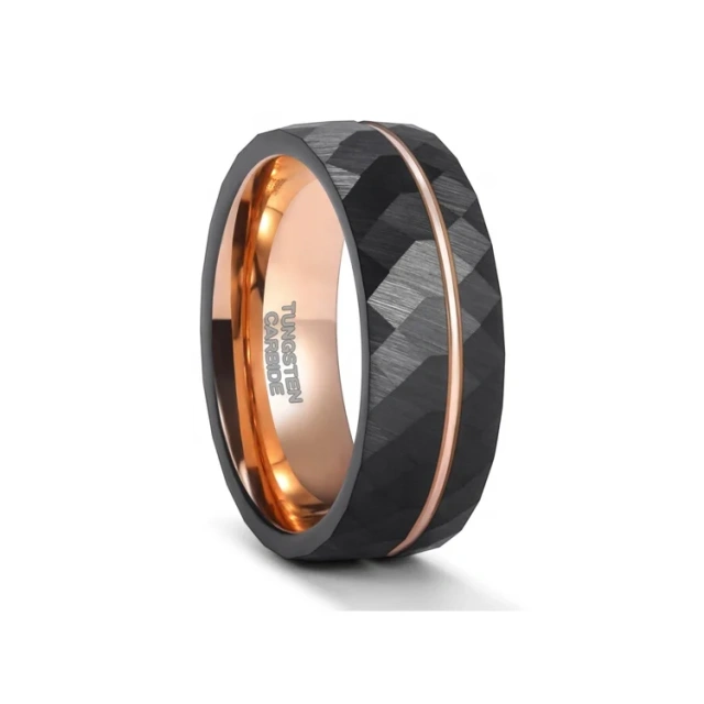 Black Diamond Face Hammered Rose Gold Tungsten Ring Black Wedding Ring Set