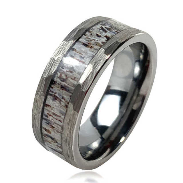USA Hot Selling Custom Engraving Simple 8mm Faceted Edge Deer Antler Tungsten Ring