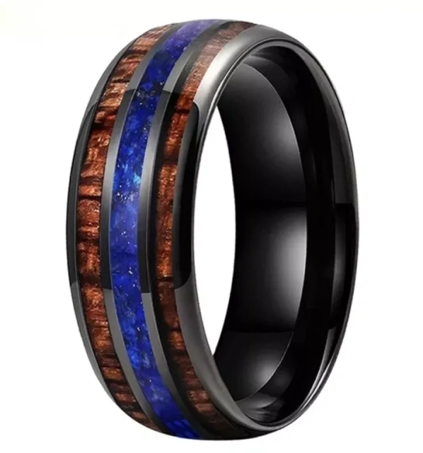 8mm Alin Hammered 2 Channel Whikey Barrel Inlay Blue Opal Black Plated Tungsten Carbide Wedding Bands