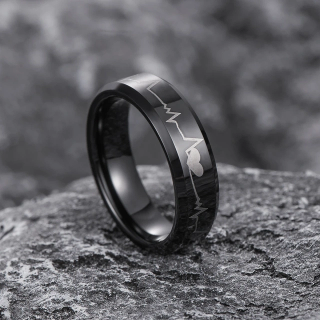 Ouyuan Fashion Rings 6mm Black Tungsten Ring Laser Heart Pattern Vintage Couple Wedding Rings