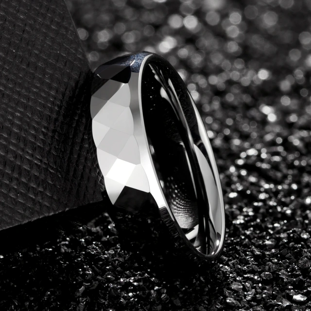 Faceted Pattern Hammered Tungsten Ring Silver Tungsten Ring Carbide Ring Tungsten Men