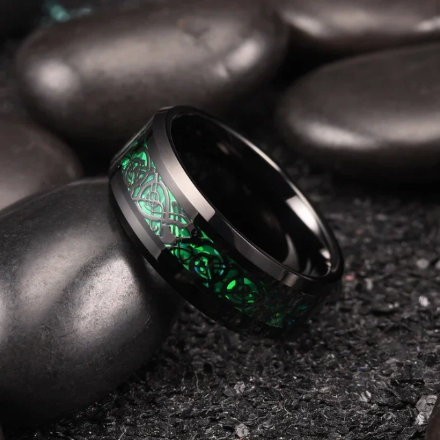 Fashion Jewelry Rings Custom 8mm Beveled Edge Green Opal Sticker Inlay Tungsten Ring for Men Women