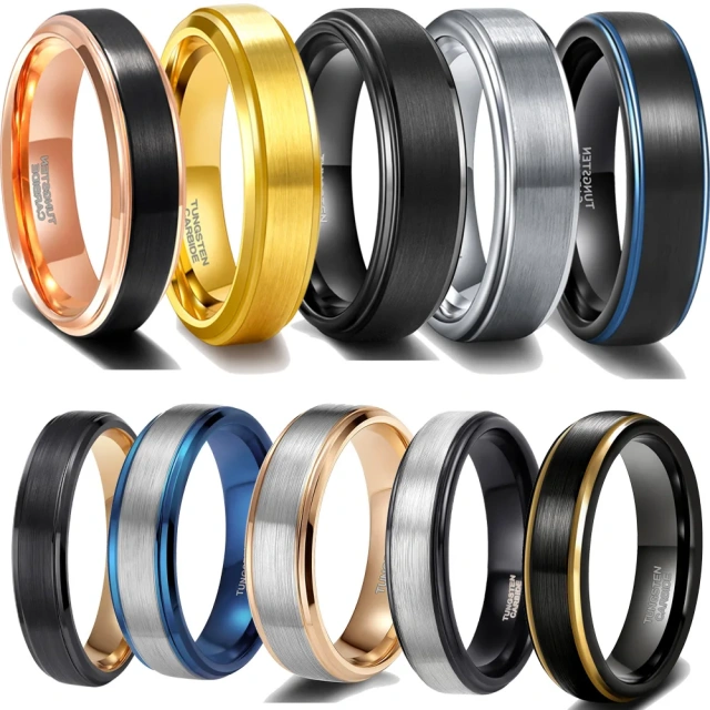 6mm & 8mm Tungsten Wedding Bands - Gold Silver Black Wood - Ouyuan