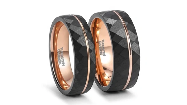 Men's Brushed Grooved Ring Hammered Black Tungsten Ring for Engagement or Anniversary-Classic Style