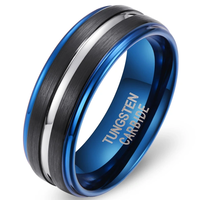 Hot Selling New Design Black and Blue Tungsten Carbide Ring Mens