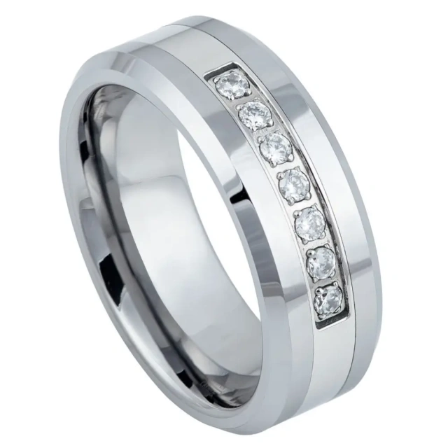 Luxury Hammered Silver Plated Cz Inlay Diamond Tungsten Ring Fashion Men Jewelry Men Ring