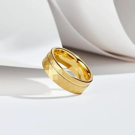 Custom 8mm Grooved Faceted Tungsten Rings - Gold Finish - Ouyuan