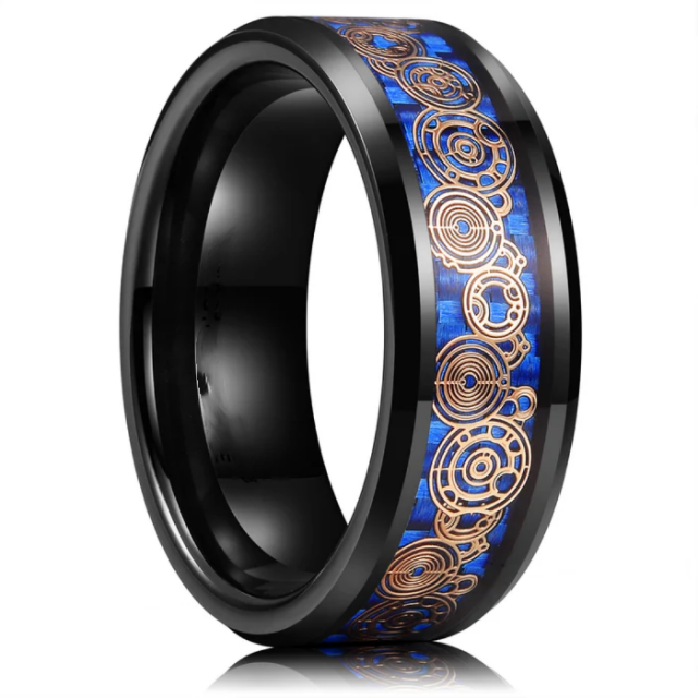 Fashion Jewelry 8mm Black Tungsten Ring Men Women Couple Wedding Band Steampunk Gear Wheel Carbon Fiber Inlay Comfort Fit