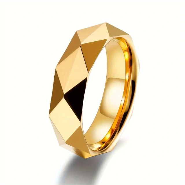 24K Gold Plated Tungsten Rings - 6mm Faceted Mens Band - Ouyuan