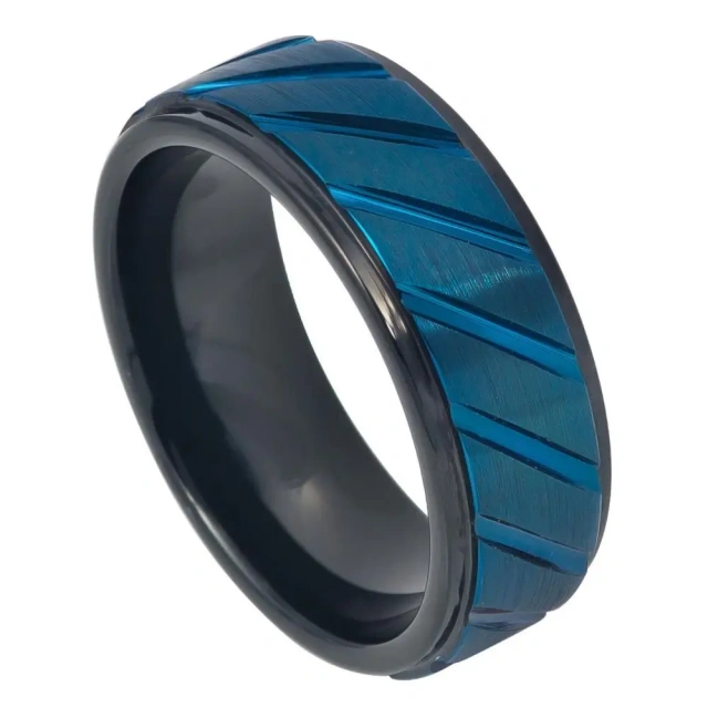 Ouyuan Jewelry Blue Men's Jewelry Factory Manufacture 8mm Thin Blue Centre Groove Comfort Fit Mens Tungsten Ring Wedding Band