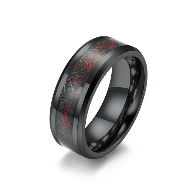 Manufacturer Jewelry 8mm Tungsten Ring Polished Black Ip Plating Carbon Fiber Inlay Beveled Edges for Men