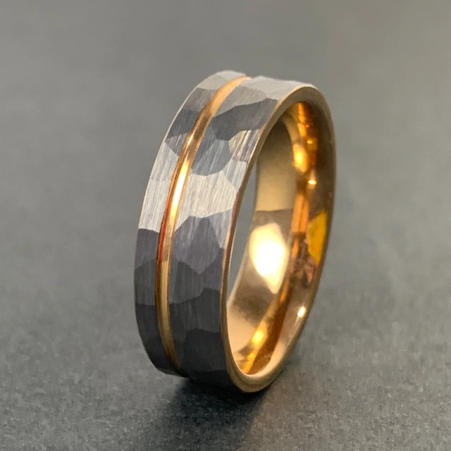 Trendy Brushed Ip Rose Gold Hammered Tungsten Finger Jewelry Mens Wedding Men Rings