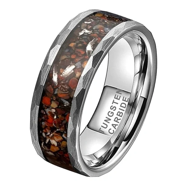 8mm Comfort Fit Tungsten Carbide Wedding Ring for Men Women Inlayed with Dinosaur Stone Hammered Design for Engagement Party