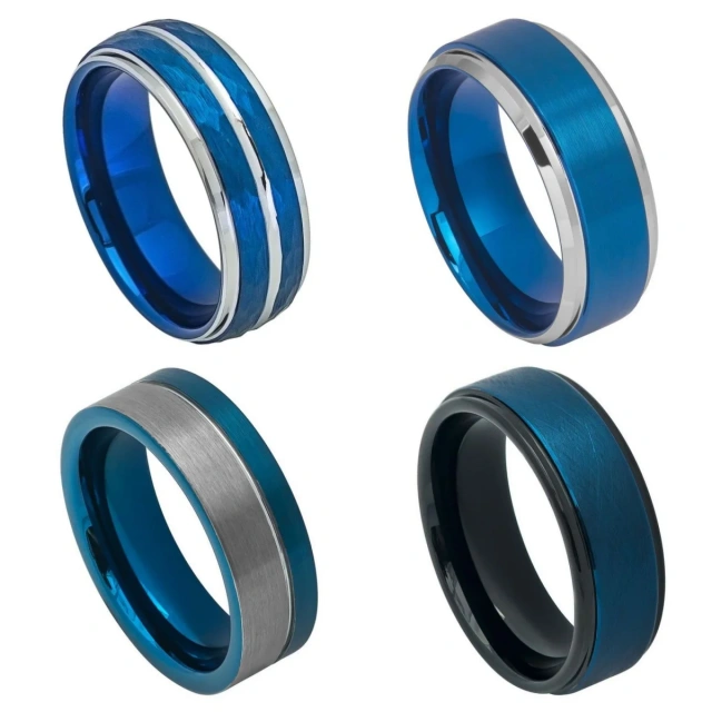 Ouyuan Jewelry Men's Blue Tungsten Carbide Cross Ring Wholesale Classic Groove Plated for Wedding & Engagement