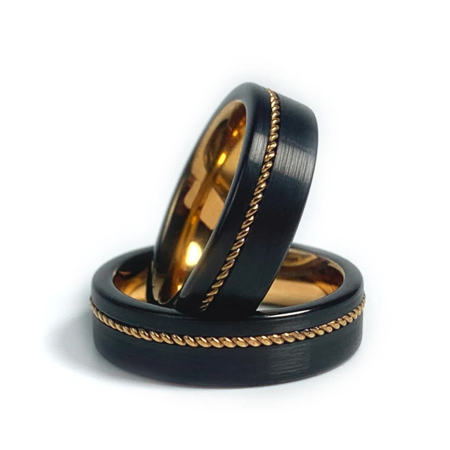 Luxury Mens Fashion 8mm Brushed Rose Gold Black Tungsten Carbide Ring With Guitar String Inlay