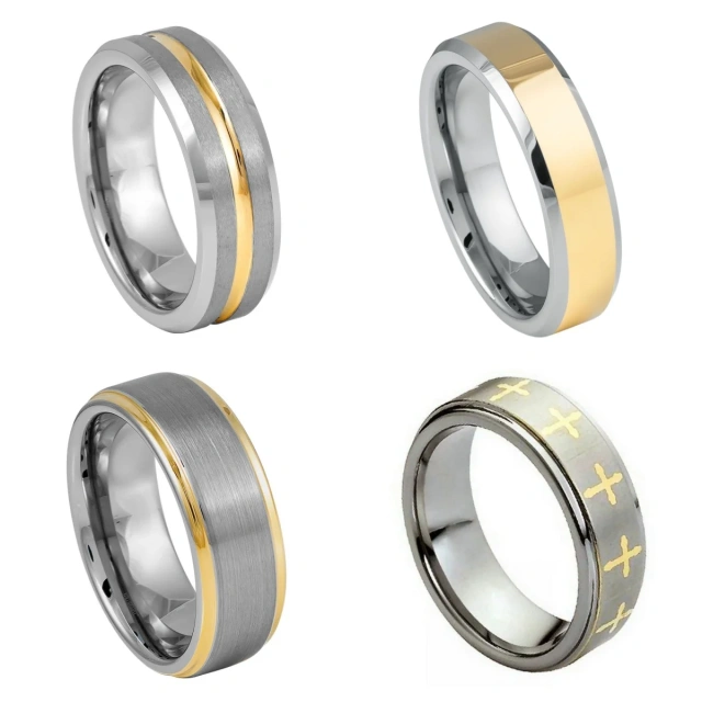 Fashion Jewelry Wholesale 8MM Custom Gold Plated Men Wedding Rings Silver Matte Finish Step Edge Male Tungsten Carbide Ring