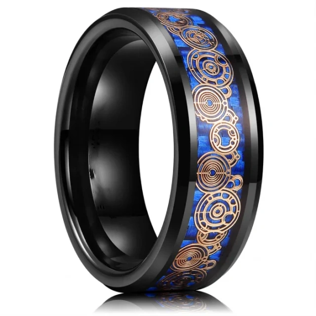 Fashion Jewelry 8mm Black Tungsten Ring Men Women Couple Wedding Band Steampunk Gear Wheel Carbon Fiber Inlay Comfort Fit
