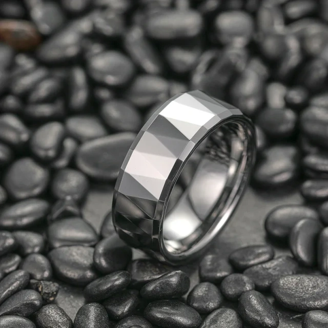 Lower Price Tending High Polished Faceted 8mm Silver Tungsten Steel Rings for Men Tungsten Wedding Rings Mens Jewelry