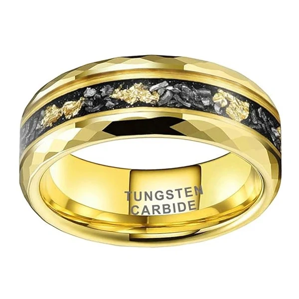 Luxury Gold Plated Hammered 8mm Men Tungsten Ring with groove Inlay Stone and Gold Foil Wedding Band Ring