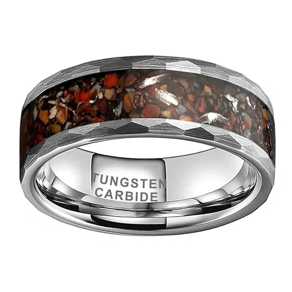 8mm Comfort Fit Tungsten Carbide Wedding Ring for Men Women Inlayed with Dinosaur Stone Hammered Design for Engagement Party