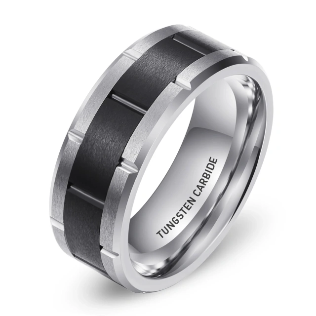 Ouyuan Custom 8mm Tungsten Ring for Men Beveled Edge Grooved Matt Brush Finish Silver Black Classic Style for Engagement Gift