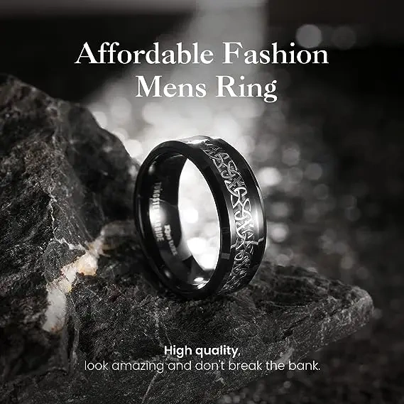 Ouyuan 6/8mm Free Sample Tungsten Carbide Rings Men Women Silver Beveled Edge Celtic Knot Rings Black Carbon Fiber Inlay Ring