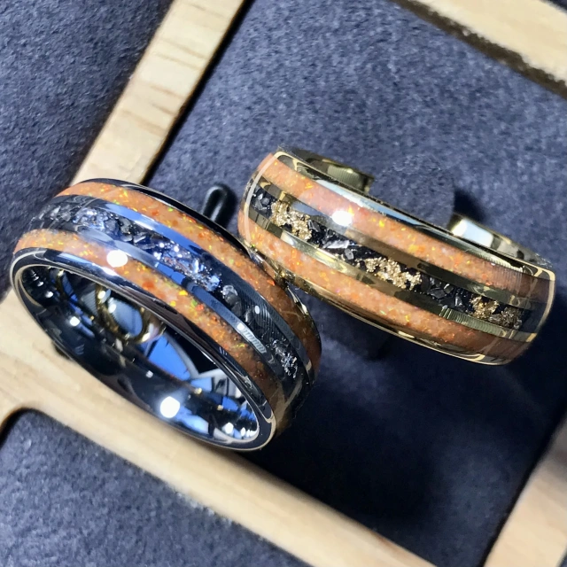 8mm Tungsten Carbide Ring Gold Line Whiskey Barrel Wood and Meteorite Gold Foil Inlay Wedding Engagement Anniversary for Men
