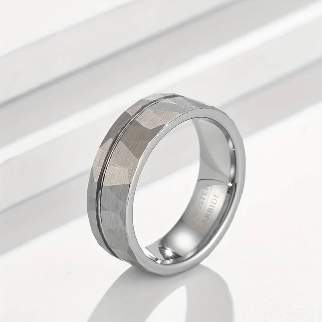 Handmade Offset Groove Hammered Tungsten Carbide Rings for Men Silver Tungsten Carbide Ring Tungsten Wedding Ring 8MM