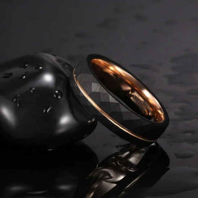 Black Diamond Face Hammered Rose Gold Tungsten Ring Black Wedding Ring Set