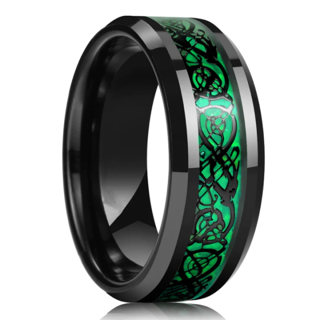 Fashion Jewelry Rings Custom 8mm Beveled Edge Green Opal Sticker Inlay Tungsten Ring for Men Women