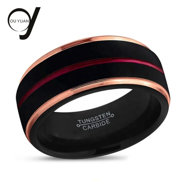 6mm Tungsten Carbide Rose Gold and Black Plated 2 Stripes Wedding Ring