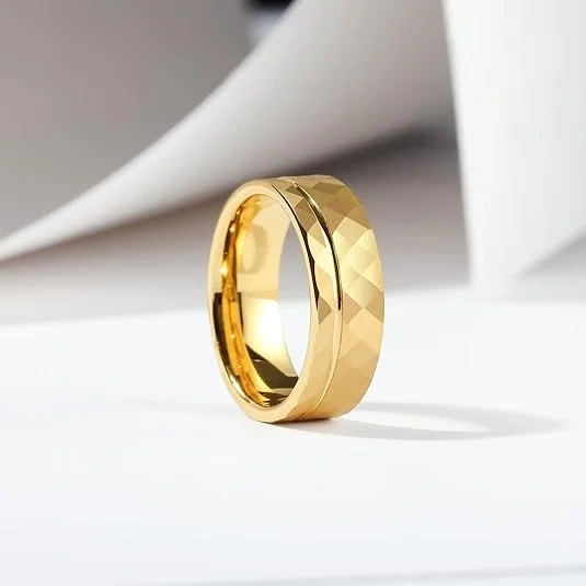 Custom 8mm Grooved Faceted Tungsten Rings - Gold Finish - Ouyuan