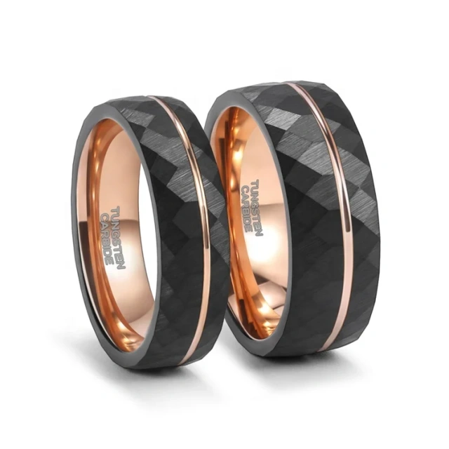 Black Diamond Face Hammered Rose Gold Tungsten Ring Black Wedding Ring Set