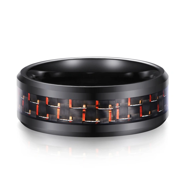 8mm Black Tungsten Carbide Black Red Carbon Fiber Inlay Wedding Band Ring Polished Finish Edges Comfort Fit