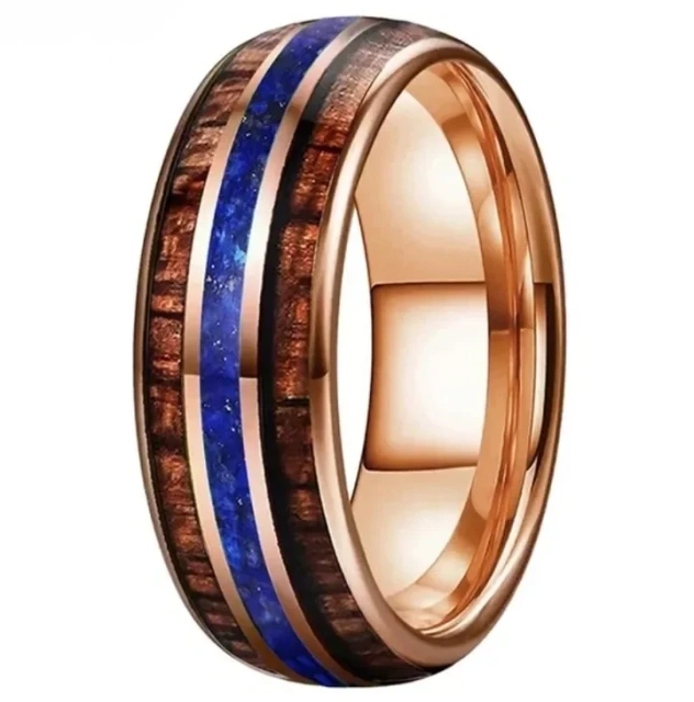 8mm Alin Hammered 2 Channel Whikey Barrel Inlay Blue Opal Black Plated Tungsten Carbide Wedding Bands