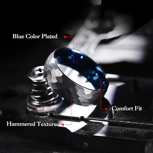 Tungsten 8MM Black Blue Hammered Matte Brushed Finish Engagement Wedding Ring for Man Fashion Rings Jewelry for Men Comfort