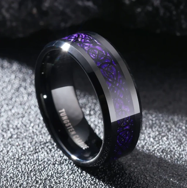 Fashion Jewelry Custom 8mm Beveled Edge Purple Carbon Fibre Inlay Tungsten Ring for Men Rings Wedding Rings