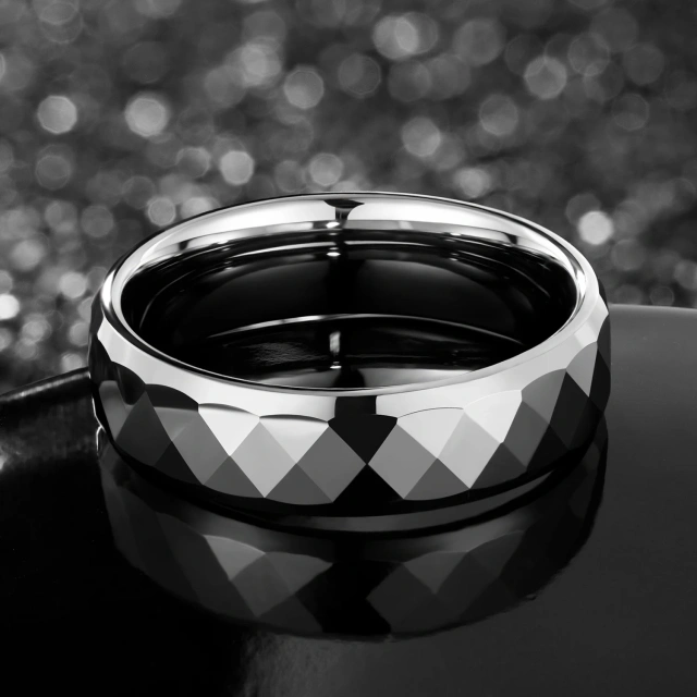Faceted Pattern Hammered Tungsten Ring Silver Tungsten Ring Carbide Ring Tungsten Men