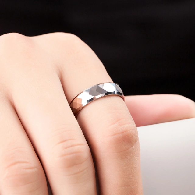 Faceted Pattern Hammered Tungsten Ring Silver Tungsten Ring Carbide Ring Tungsten Men