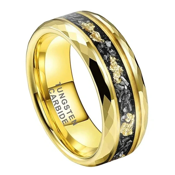 Luxury Gold Plated Hammered 8mm Men Tungsten Ring with groove Inlay Stone and Gold Foil Wedding Band Ring