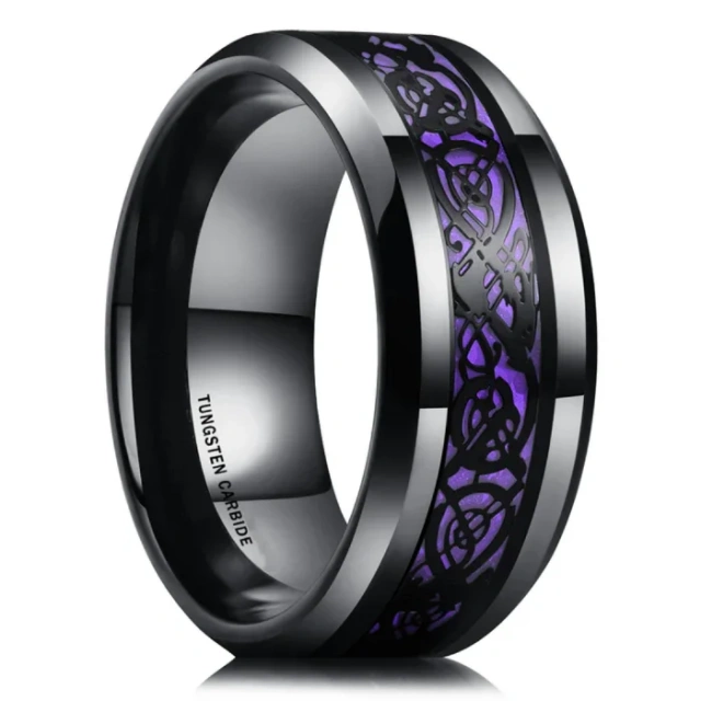 Fashion Jewelry Custom 8mm Beveled Edge Purple Carbon Fibre Inlay Tungsten Ring for Men Rings Wedding Rings