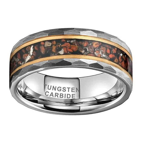 8mm Comfort Fit Tungsten Carbide Wedding Ring for Men Women Inlayed with Dinosaur Stone Hammered Design for Engagement Party