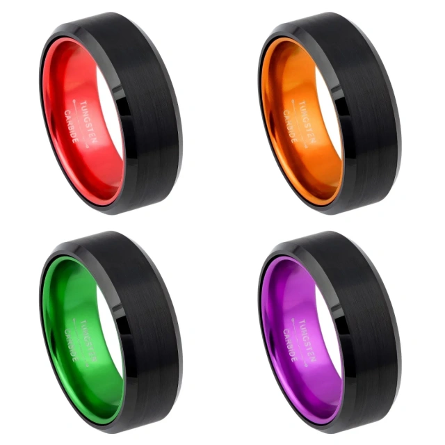Wholesale Men's Tungsten Ring 8mm Width Black Plated Surface Red Orange Green Purple Alumina Inner Ring Classic Wedding Jewelry