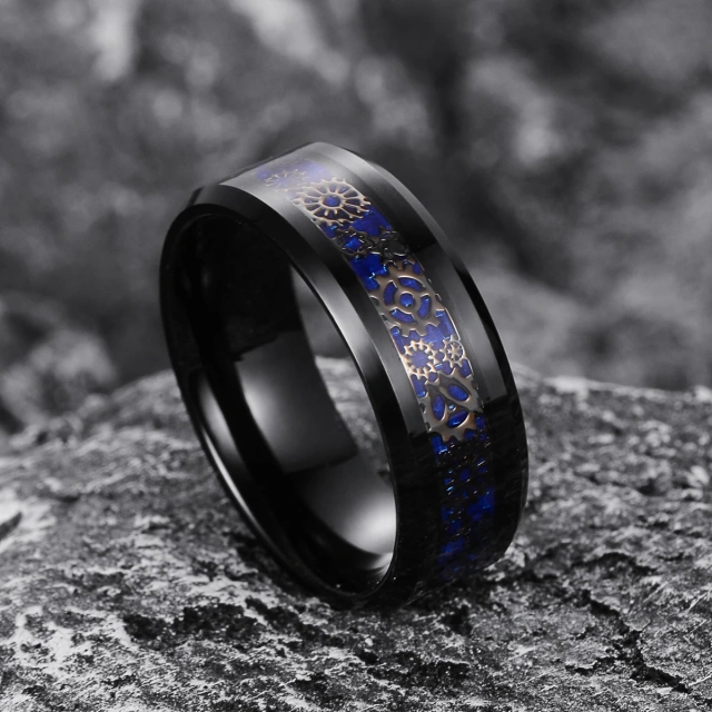 Wedding Band Jewelry Inlay Blue Carbon Fiber Ring Vintage Punk Gear Wheel Ring for Man Women Rings	Tungsten Jewelri